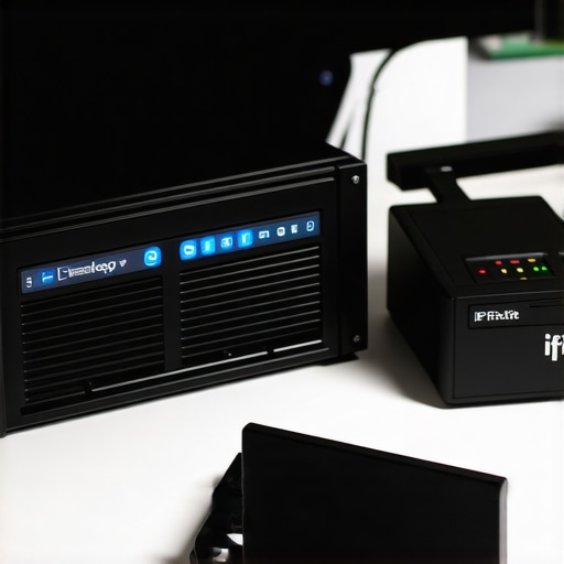 A professional IT setup including a NAS server, toolkits, and a UPS for data protection.