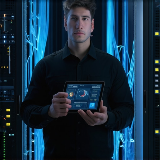 IT technician monitoring server health and data recovery systems in a modern data center.