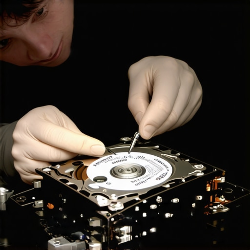 Expert technician inspecting a disassembled hard drive in a specialized cleanroom for data recovery.