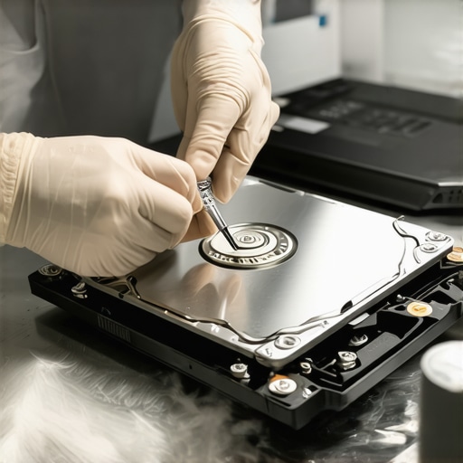 Technician examining a failed hard drive platter in a clean-room environment