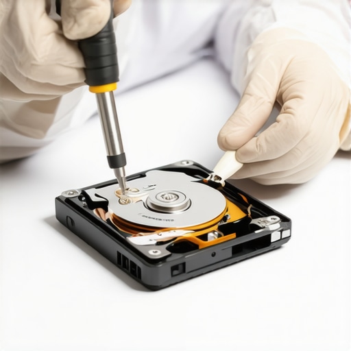 A technician performing data recovery on an open hard drive.