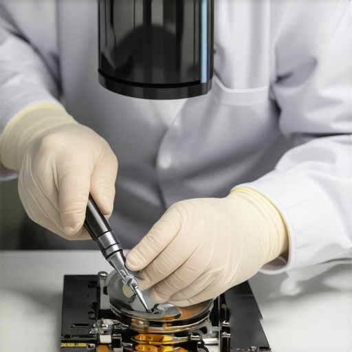 Technician performing professional data recovery on a hard drive in a dust-free cleanroom.