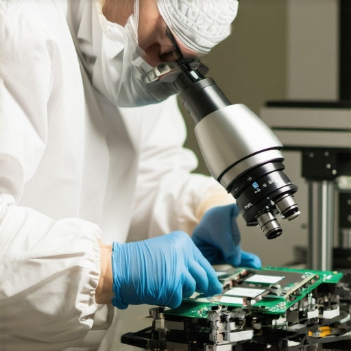 Technician in a sterile environment performing delicate repairs on a damaged hard drive.