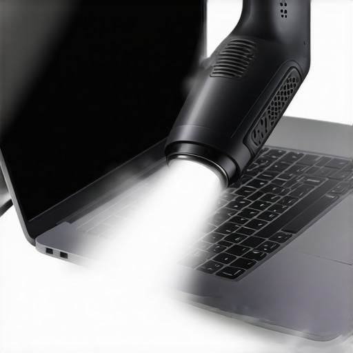 Technician using an electric duster on a business laptop for maintenance