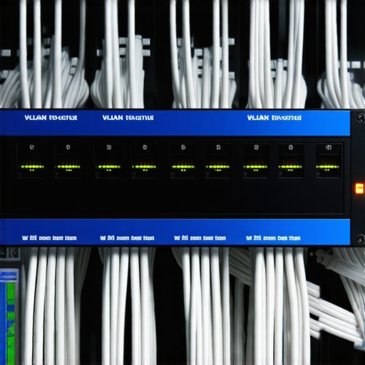 Professional Enterprise Network Switch with VLAN Tagging A server rack featuring a network switch with organized cables and VLAN labels for business network security.