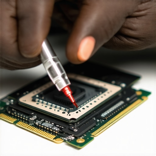 Technician applying high-performance thermal paste to a graphics card processor on an anti-static mat.