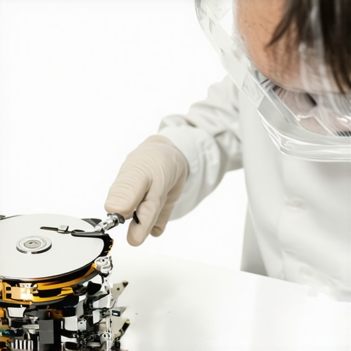 Technician inspecting internal hard drive platters in a controlled environment