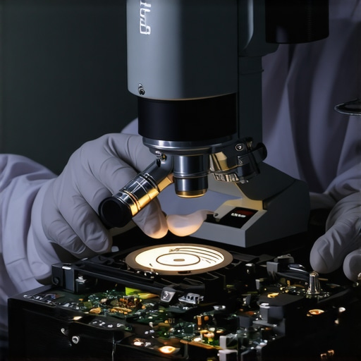 Technician performing physical data recovery on a hard drive in a clean room.