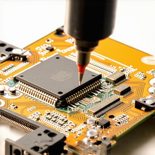 Close-up of a technician performing micro-soldering on a hard drive circuit board for data recovery.