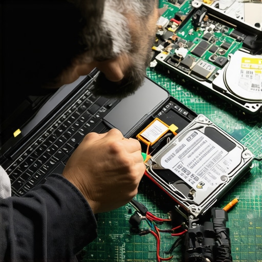 A technician using a multimeter and write-blocker for hardware repair and data recovery diagnostics.