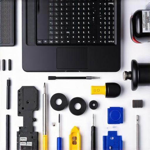 Disassembled laptop on a repair bench with precision tools and cooling components visible