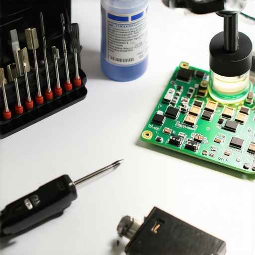 Technician tools including precision screwdrivers and isopropyl alcohol for computer repair