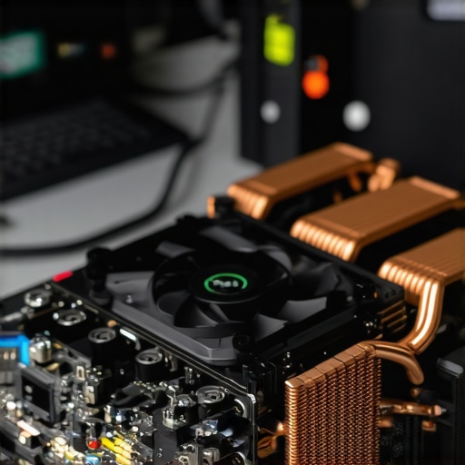 Internal cooling fan and copper heat pipes of a high-end business laptop being maintained by a professional.