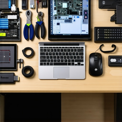 Professional Hardware Maintenance and Diagnostic Tools A detailed view of a technician's workspace with specialized tools and a disassembled laptop for hardware maintenance.