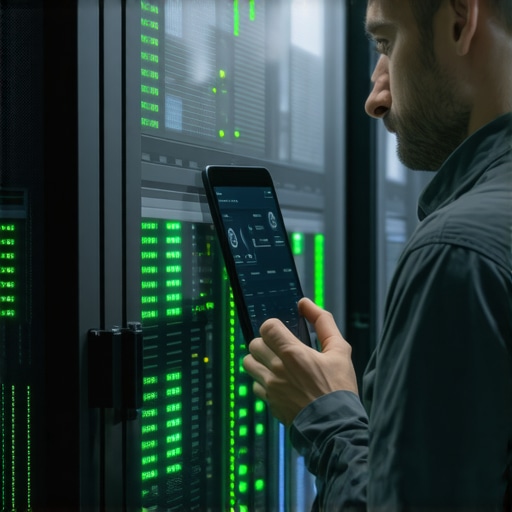 Professional Hardware Monitoring and Maintenance Technician using a tablet to monitor server health in a high-tech data center