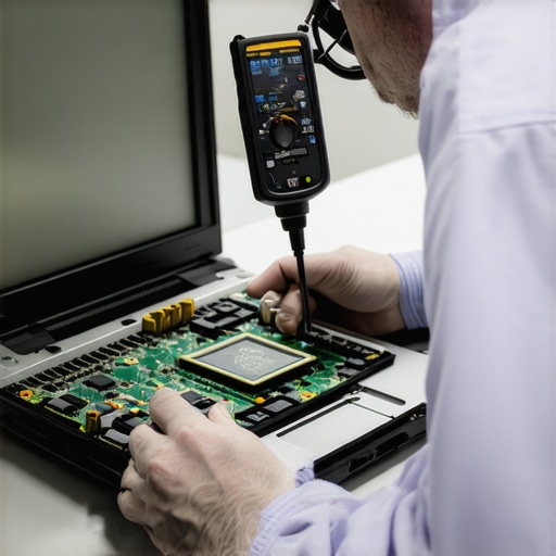 A professional tech workbench with diagnostic tools and a disassembled laptop for repair.