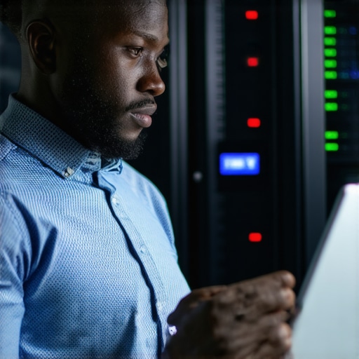 IT technician performing a security audit on a laptop to secure business data