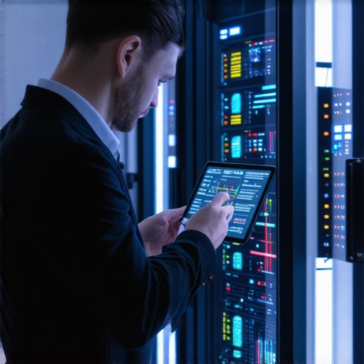 Technician using diagnostic tools to monitor business IT infrastructure health.