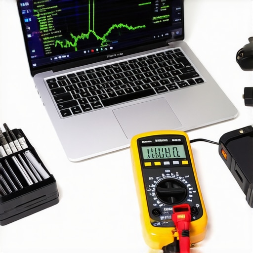 Technician using diagnostic tools to check laptop battery health and wear level