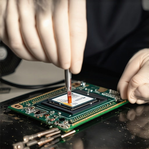 Technician applying thermal paste to a laptop processor for better cooling.