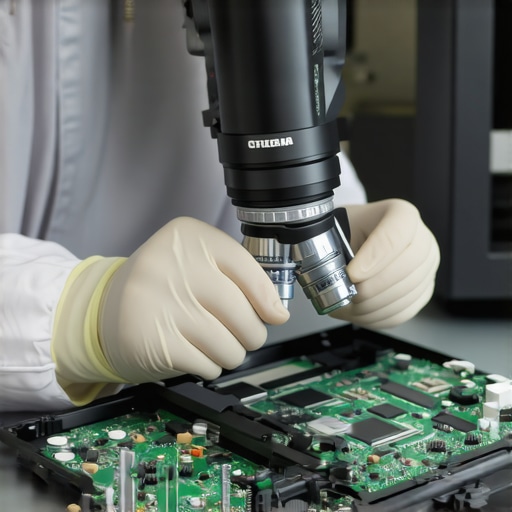 Technician inspecting a laptop motherboard for electrical shorts caused by a cracked screen.