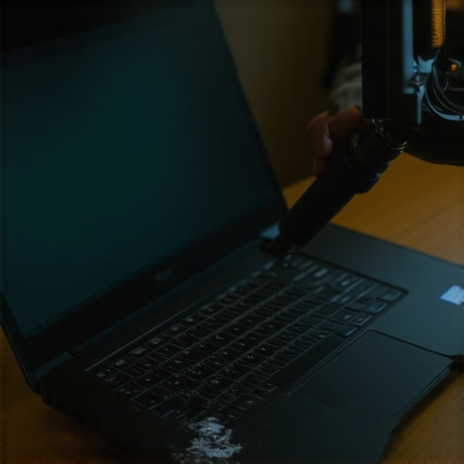 Technician using a professional air blower to clean dust off a laptop keyboard to protect the screen.