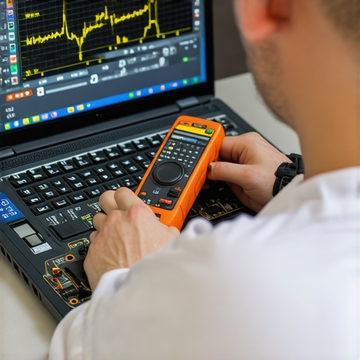 A technician performing hardware diagnostics on a laptop motherboard with thermal monitoring software visible.