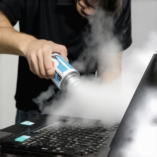 Technician cleaning laptop fan with compressed air to prevent overheating.