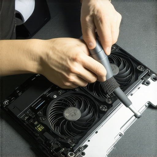 A technician cleaning dust from a laptop fan to prevent overheating.
