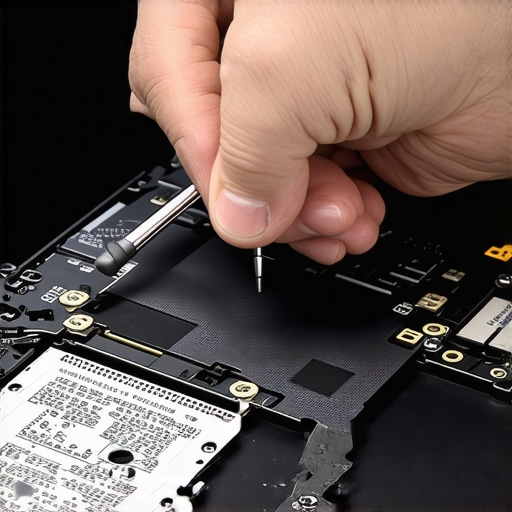 Technician repairing internal laptop screen cable with precision tools