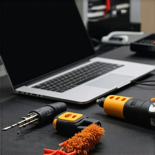 A clean workbench with professional tools for laptop repair and hardware maintenance.