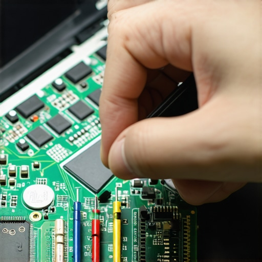 Technician testing a laptop motherboard with a multimeter to diagnose power issues after a battery failure.