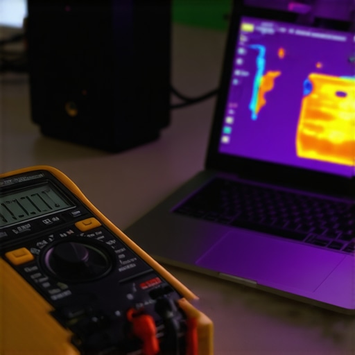 Technician using thermal camera to find shorts on a laptop motherboard