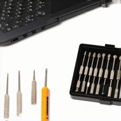 Precision screwdriver set and nylon spudgers on a repair workbench for laptop maintenance.