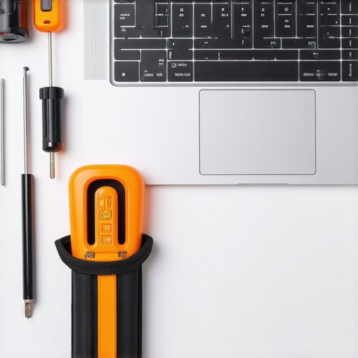 High-quality precision tools and a repaired laptop screen showing vibrant colors.