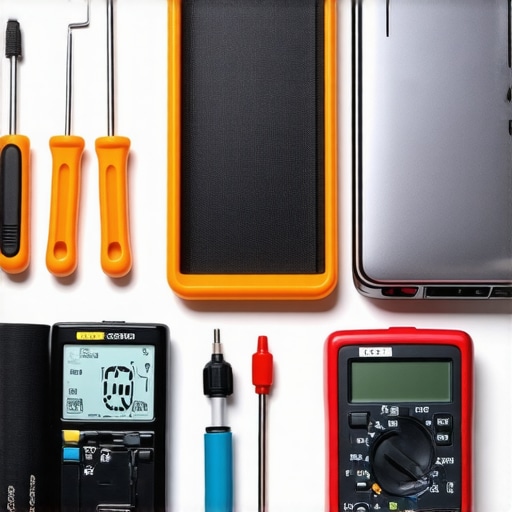 Close-up of professional electronics repair tools and a multimeter used for fixing laptop screens.