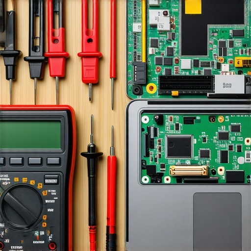 Professional Laptop Repair Tools for Display Diagnostics Close-up of professional repair tools and a disassembled laptop motherboard for screen diagnostic.