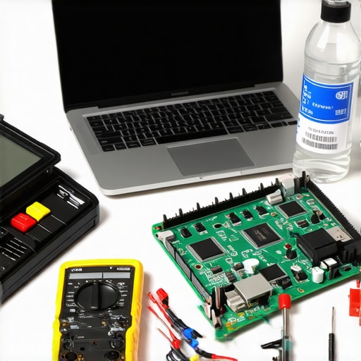 Close up of a professional computer repair workbench with laptop components and diagnostic tools.