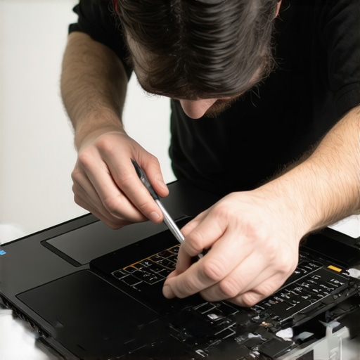 Professional Laptop Screen Internal Inspection Technician using repair tools to check a laptop screen connection
