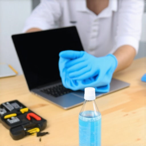 Technician cleaning a laptop screen with specialized tools and microfiber cloth