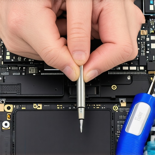 Technician using a plastic spudger to open a laptop screen frame for repair