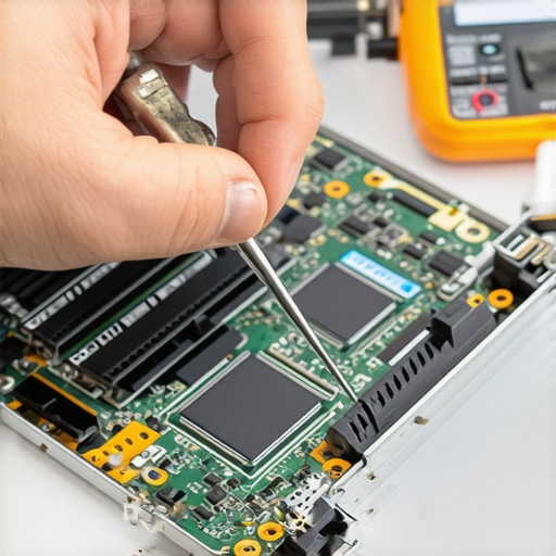 Technician using a multimeter and pry tool on a laptop screen assembly