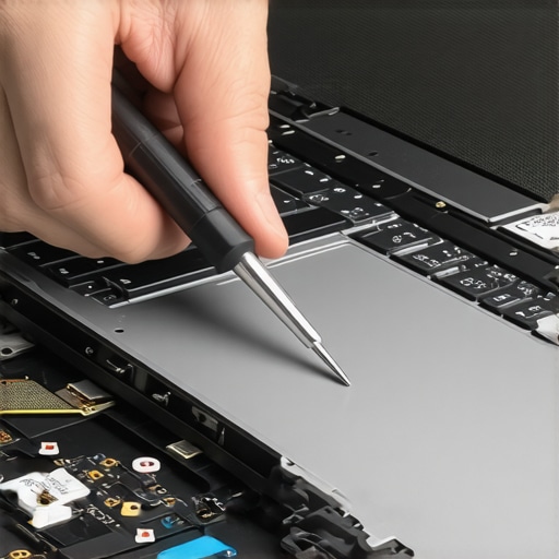 Close-up of precision tools used for laptop screen ribbon cable adjustment