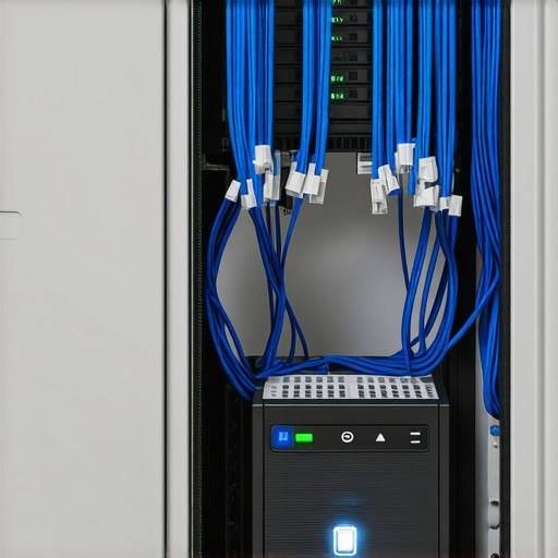 A modern office server rack with organized wiring and a UPS battery backup system for data protection.