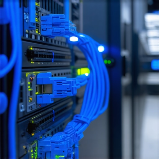 Close up of a professional IT network switch showing active connection lights