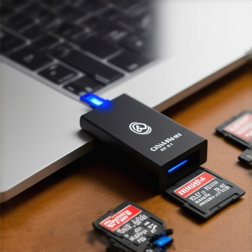 A high-quality UHS-II card reader being used for data recovery on a laptop