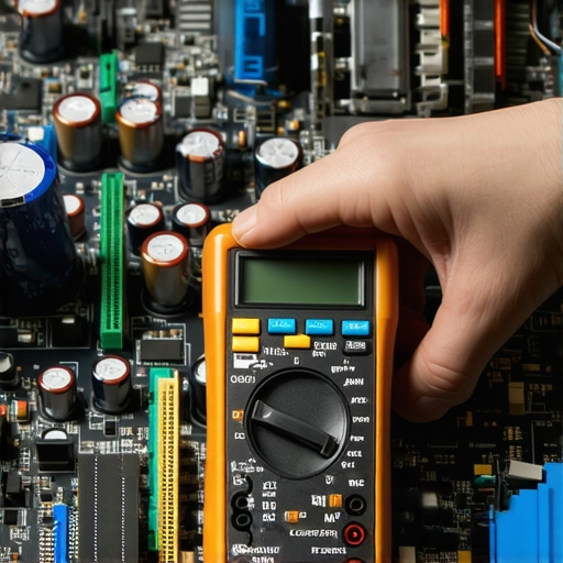 Technician testing a server motherboard with a multimeter to identify failing components.