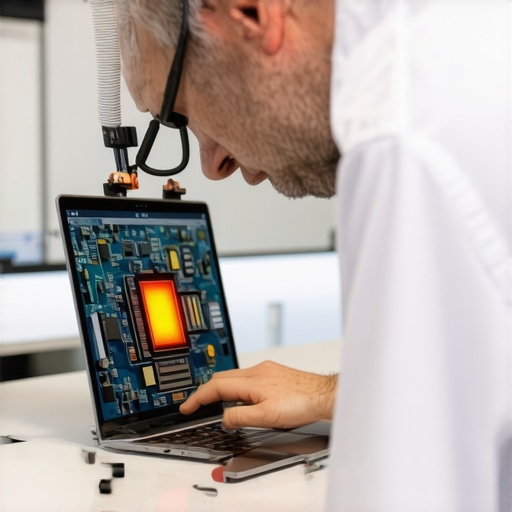 Technician using a thermal camera to identify short circuits on a water-damaged laptop motherboard.