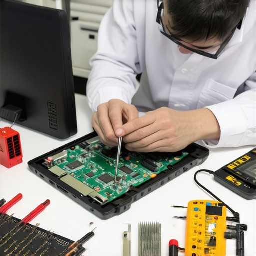 Professional Motherboard Voltage Testing Technician using a multimeter on a laptop motherboard to diagnose power issues