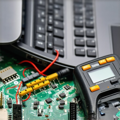 A technician using a multimeter to check for continuity on a laptop motherboard fuse to fix a dim screen.